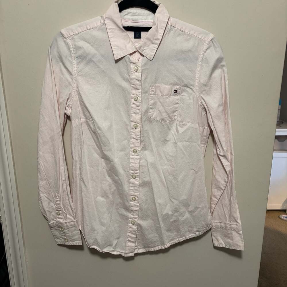 Tommy Hilfiger Women's Solid Light Pink Long Sleeve Button Down Blouse Size M